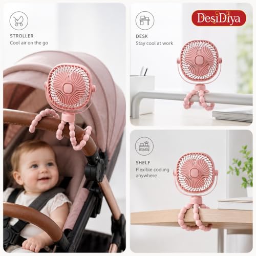 Image of Desidiya Rechargeable Mini Fan with Flexible Tripod, USB-C, Pink | 4000mAh rechargeable mini fan with flexible tripod, USB-C charging and 3 speed cooling for home & travel.