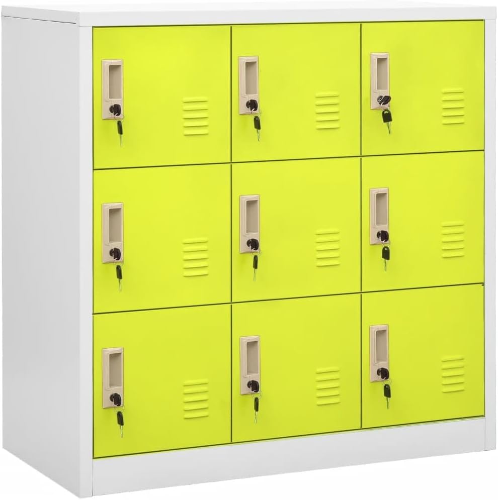 9-Locker Steel Storage Cabinet with Locks, Light Gray and Green Modern Organizer 35.4"x17.7"x36.4" for Office School Living Room Entryway Bathroom
