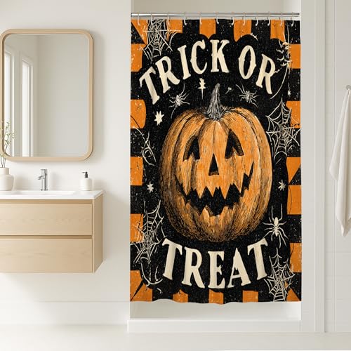 Tenda da doccia per Halloween, decorazione da bagno con ragno arancione e nero, tenda da doccia autunnale vintage rustica in tessuto con ganci, 91 x 183 cm