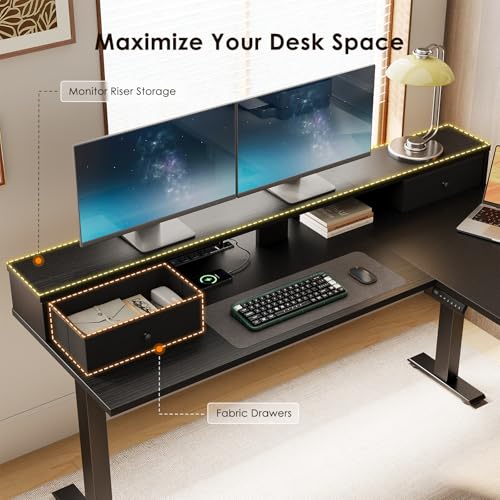 Image of Casaottima 59 Inch Electric L-Shaped Standing Desk with Drawers, Height Adjustable Stand Up Corner Desk with Monitor Stand, Lift Table for Home, Office, Workstation, Black