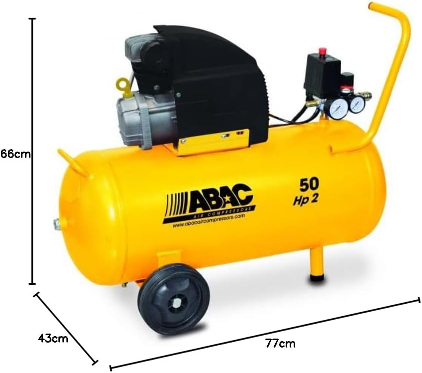 ABAC MONTECARLO B20 BASELINE air compressor showing dimensions: 77cm length, 43cm width, 66cm height.