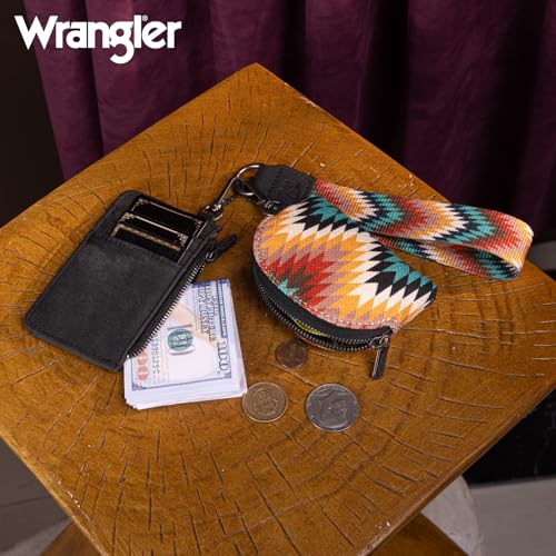 Image of Wrangler Aztec Keychain Wristlet Wallets for Women Western Dual Pouch Wristlet Credit Card Holder Wallet with Zipper Pocket WG2211-W0051BK