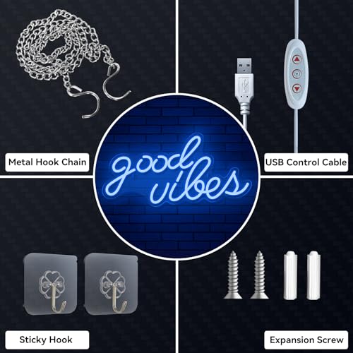 Image of Neon Sign Good Vibes, Dimmable LED USB Powerd Neon Light for Wall Decor, Holiday Party Home Bar Decoration Festival Celebration 15.7 inch x 7.7 inch, Blue