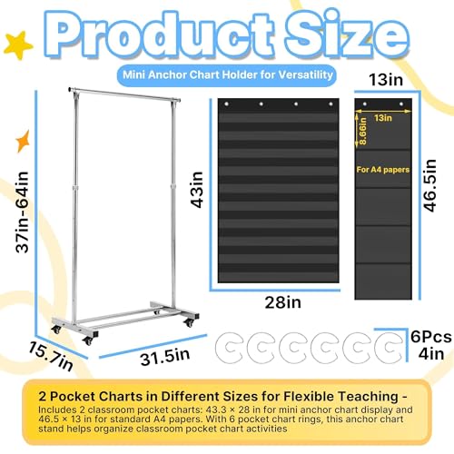 Yudylg 9 Pack Upgraded Pocket Chart Stand with Brake Swivel Wheels – Upgraded Adjustable Stainless Steel Anchor Chart Holder with 2 Pocket Charts of Different Sizes and 6 Pocket Chart Rings by Yudylg - Image 4