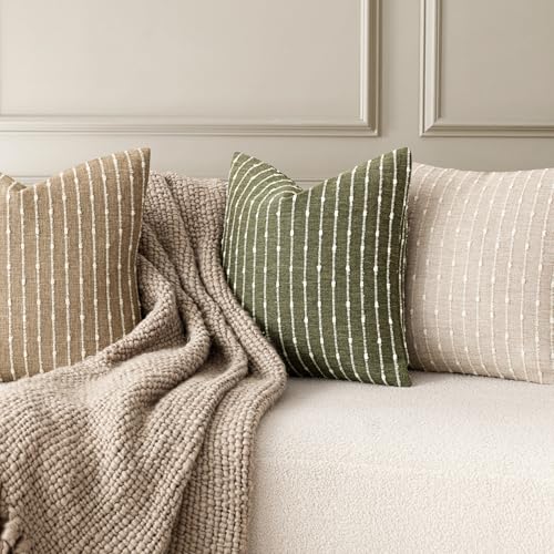 Image of Foindtower Pack of 2 Decorative Jacquard Boucle Throw Pillow Covers Accent Textured Striped Pillowcases Cozy Modern Cushion for Couch Sofa Bedroom Living Room Home Decor 18x18 Inch Olive Green