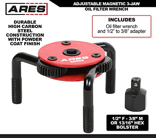 Ares 56059 – Large Size Adjustable Magnetic 3-Jaw Oil Filter Wrench – Fits Spin-On Oil Filters From 2-3/4-Inch To 5-1/4-Inch Diameters – Includes 3/8 Inch To 1/2 Inch Drive Adapter – Magnetic Base #TOP1