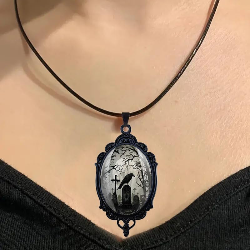 coadipress Goth Raven Cameo Earrings Necklace Set for Women Vintage Gothic Crow Cross Raven Pendant Necklace and Earrings Halloween Witch Costume Accessories Jewelry Gift - Image 2