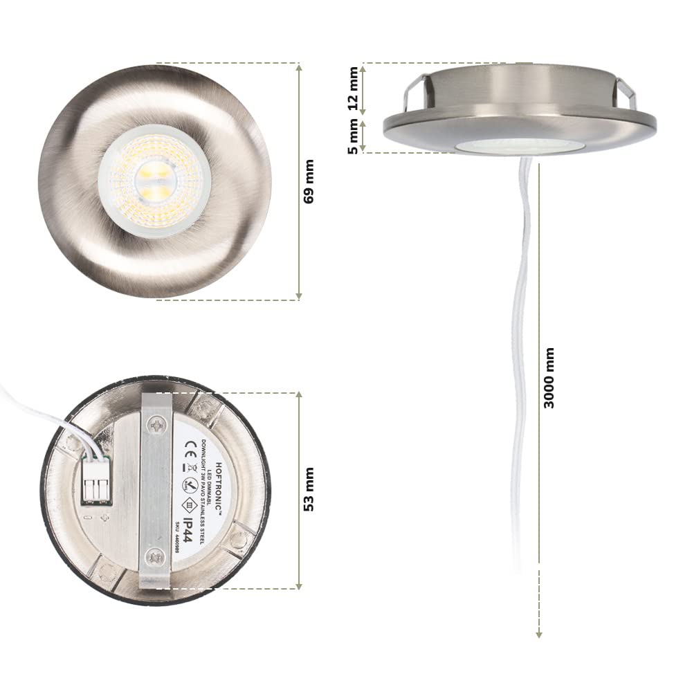 HOFTRONIC - 3er LED Einbaustrahler 230V Pavo Dimmbar Edelstahl 2700K Warmweiß Einbaustrahler Flach (Einbautiefe 12mm) LED Deckenleuchte IP44 für Badezimmer, Küche - Mini Möbeleinbauleuchten