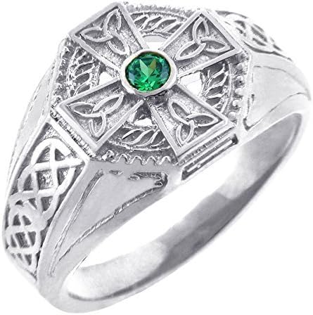 Men's Sterling Silver Endless Knot Band Green CZ Celtic Cross Ring (14)