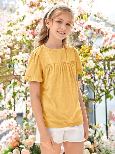 Image of Ebifin Girls Short Sleeve Tops Kids Peplum Babydoll T Shirts Tees 4-15Y | Girls T-Shirts, Crew neck Short Sleeve Shirts, Casual Tunic Tops, Cute Blouses, Summer Tees, Ruffle Hem, Loose fit