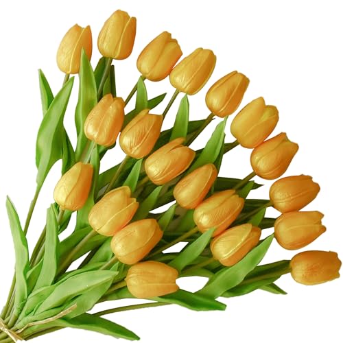 Image of ONLY ART Artificial Gold Tulips 20 Pcs - 13.5 Inch PU Faux Flowers with Bendable Stems for Home Decor, Wedding Centerpieces, DIY Floral Arrangements, New Year and Valentine's Day