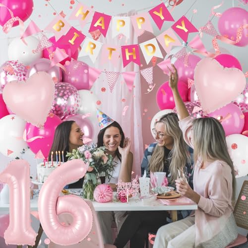 Image of Pink 16th Birthday Decorations for Girls, Sweet 16 Balloon Hot Light Pink White Confetti Balloons Number 1 6 Balloon Heart Happy Birthday Banner Cake Topper for Princess 16 Year Old Bday Party Decor