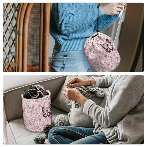 Image of Sellikakes Yarn Bag Crochet Organizer, Pink Flowers Butterfly Portable Knitting Crochet Storage Bag for Crocheting Project, Store Skein Ball, Short Knitting Needle Sewing Supplies Accessories