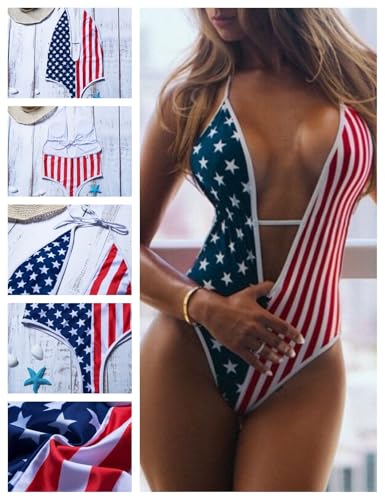 American Flag One Piece Swimsuit Women Sexy Deep-V USA Patriotic 4th of July Bathing Suits4
