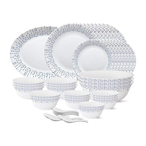 Larah by Borosil - Tiara Series, Pulse, 44 Pcs, Opalware Dinner Set, White