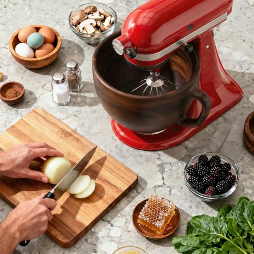 Image of Cofun Premium Wood Mixing Bowl, Compatible with 4.5-5 Qt Tilt-Head Stand Mixers, Natural True Wooden Bowls, 5 Qt Wooden Bowl for KitchenAid with Stainless Steel Locking Base, Handle