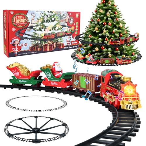HERMORRYSS Treno per Albero di Natale, Treno Natalizio per Centro Albero di Natale, con Luci a LED, Fumo e Musica, Giocattoli di Natal in Trenos, Regalo di Natal Perfetto per Bambini Bambine 3+ Anni