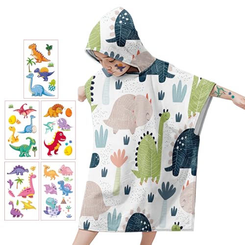 JSTHHTT Poncho Toalla de Baño de Niños, Toalla de Playa con Capucha de Niños, Microfibra Ultra Suave, para Niñas Niños de 4 a 8 Años, 75 * 65CM, Dinosaurio