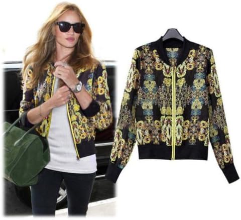 Lamystere New Women Jackets Short Jacket Slim Long-sleeve Vintage Printed Coat Jackets (S)