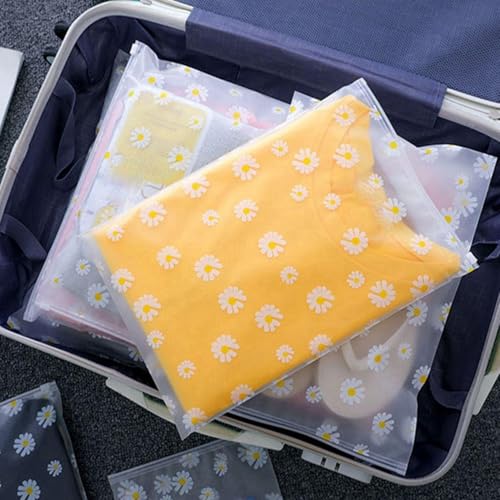Image of PulGos Pack of 5 Multipurpose Storage Bags - Frosted Semi-Transparent Travel Pouches with Daisy Print | Reusable Zip Bags for Toiletries, Makeup, Shoes & Gifting | Travel Packing Cubes