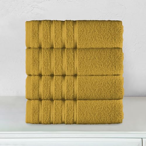 Image of Elegant Comfort 100% Turkish Cotton 4 Lines Viscose Stripe Luxury 4 Pack Hand Towel Set - Ultra Absorbent and Soft 16 x 28 Inch Premium Hotel Spa Quality Towels for Everyday Bath Use, Gold