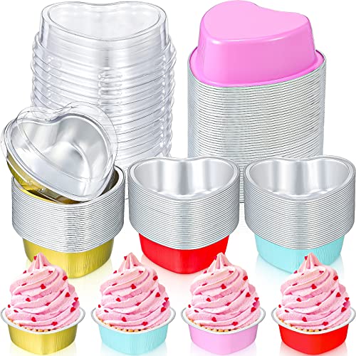 Didaey 100 Pack Heart Shaped Cake Pans with Lids 3.4 Ounces/ 100 ml Aluminum Foil Heart Cupcake Pans Colorful Mini Disposable Cake Dessert Baking Cups for Valentine's Day Wedding
