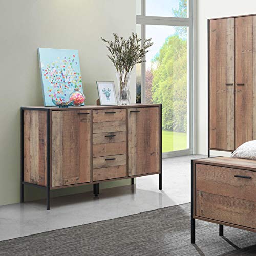 Image of Timber Art Design UK 2 Door 3 Drawer Sideboard For Living Room, Bedroom Industrial Storage Cabinet Shelving - Rustic with Oak Effect - 80 x 123.8 x 40 cm