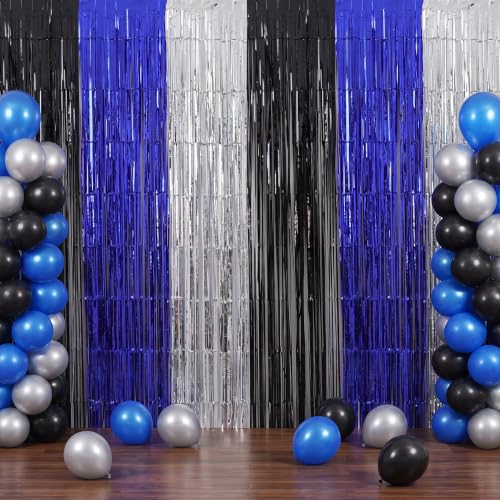 Image of TONIFUL 2Pcs Black Blue Silver Metallic Tinsel Foil Fringe Curtain Streamer | 3.3ftx6.6ft Photo Booth Backdrop Door Streamer for Boys' Men's Birthdays Baby Shower Graduation Photo Booth Party Decorations