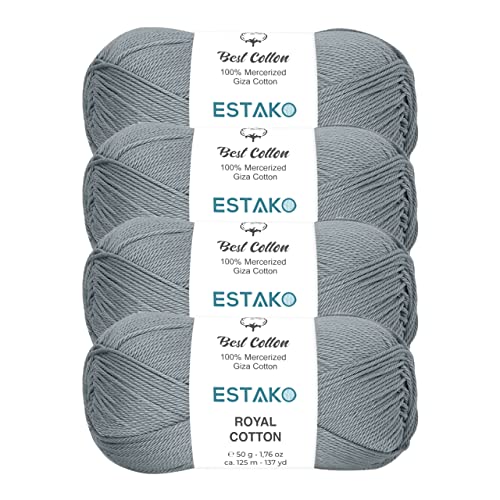 Image of Estako Royal Cotton, (4 Skeins Pack) 100% Mercerized Giza Cotton Yarn, Soft, Super Fino for Crochet and Knitting (4 x 1.76 Oz) / (4 x 137 Yrds) (5054 - Grey)