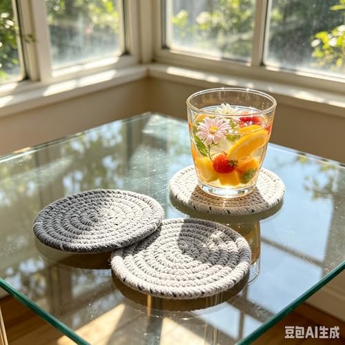8 Pcs Coaster Set, 4.3 Inch Absorbent Cotton Woven Minimalist Round Outdoor Coasters,Decorative Tabletop Protection Cup Coasters for Housewarming Gifts,Kitchen,Living Room,Bar,Dining Room - image 4