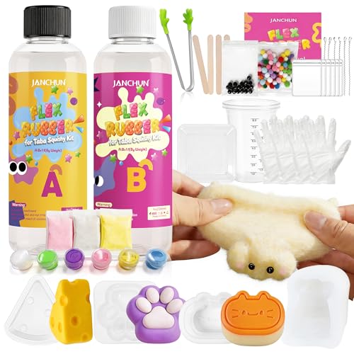 JANCHUN Taba Squishy Making Kit DIY Craft Kit for Beginners Make Your Own Soft Squishy Toys with 18oz Flex Rubber Cute Animal Molds Pigments Flocking Powder and Accessories
