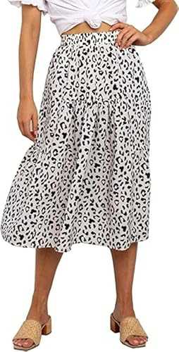 MEROKEETY Women's Boho Leopard Print Skirt Pleated A-Line Swing Midi Skirts White Small