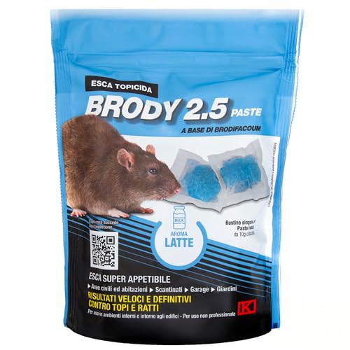 Kollant Brody 2.5 Paste Blu - 150g. Veleno per Topi Professionale in Bustine di Pasta Fresca a Base di Brodifacoum. Esche per Topi ad Uso Interno ed Esterno. Aroma Latte.