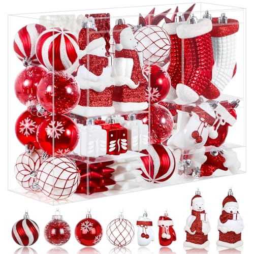 Alupssuc 112pcs Christmas Balls Ornaments Set, Shatterproof Plastic Baubles Christmas Penguin, Polar Bear for Xmas Tree Holiday Wedding Party Decorations with Hanging Strings, Red and White