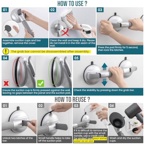 Image of TAILI Shower Grab Bars,Suction Shower Handles,Upgraded,330lbs,2 Pack,Silver