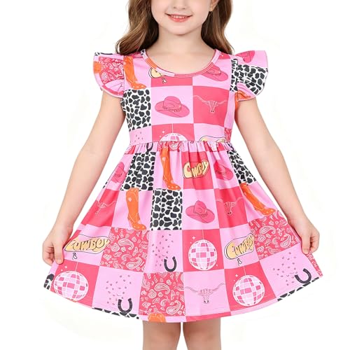 PRCSEE Toddler Girls Dress Cowgirl Western Print Dresses Flutter Sleeve Summer Outfits 4-5T