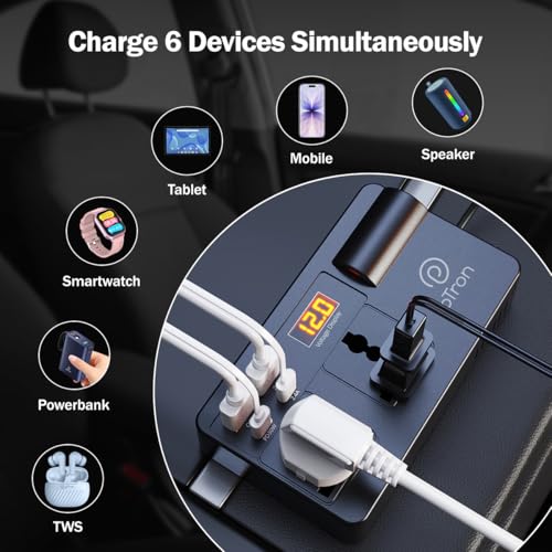 Image of pTron PowerEdge 200W Car Laptop Charger /Car Power Inverter with 2 USB (3A & 2.4A) + 2 Type-C (30WPD & 2.4A), Smart USB Charging Ports, 12V /24V DC to 220V AC, 2X Universal AC Outlet (Black)