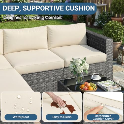 Image of Wisteria Lane 5 Piece Outdoor Patio Furniture Set | All Weather Wicker Patio Sectional Sofa Set with Cushions & Glass Coffee Table for Backyard Garden Balcony, Beige
