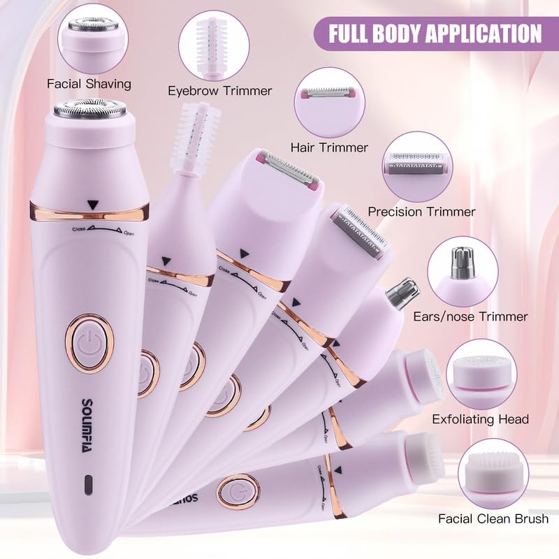 Solimpia HT-518 lady grooming kit 7-in-1 painless body shaver facials, eyebrows, ear-naches trimmer exfoliating heads, body, legs, bikini, underarms, arms, IPX5 waterproof, suitable for pink.