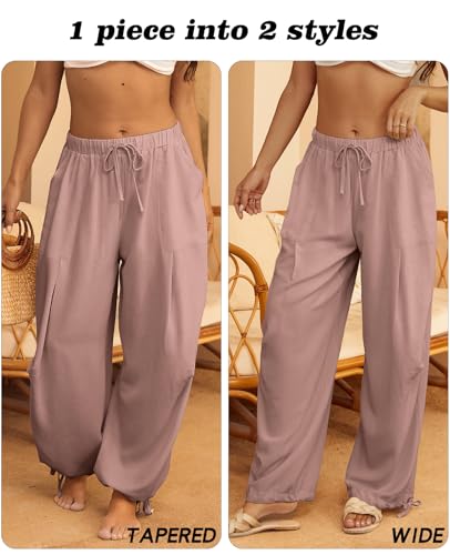 Image of Women's Linen Balloon Barrel Beach Pants Boho Harem Flowy Drawstring Casual Loose Pants with Pockets