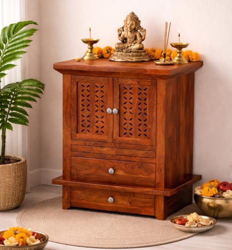 Image of Wudniture Solid Sheesham Wood Handcrafted Pooja Mandir /Temple for Home & Puja Room with Drawer & Tray | Wooden Pooja Ghar Furniture (Natural Finish)