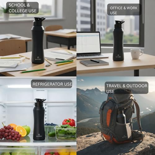 Image of Speedex Stainless Steel Water Bottle 1 Ltr, 1000 ml Metal Bottle For Daily, Office, School, Gym, Travel Use for Men, Women, Kids, Adults-Leak Proof Sipper Cap, BIS Approved, Black, Set of 4