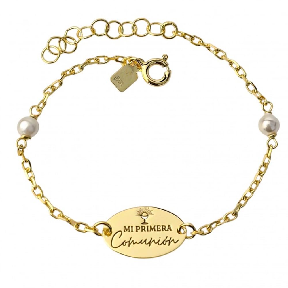 Bracciale Mi Prima Comunione in Argento Placcato Oro con Perle, Mediano, Argento sterling, Nessuna pietra preziosa