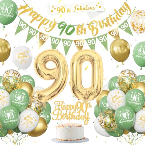 90th Birthday Decorations for Women Men Sage Green Gold Birthday Decoration with Banners Balloons Cake Topper Sash Triangle Flag for 90th Party Decor
