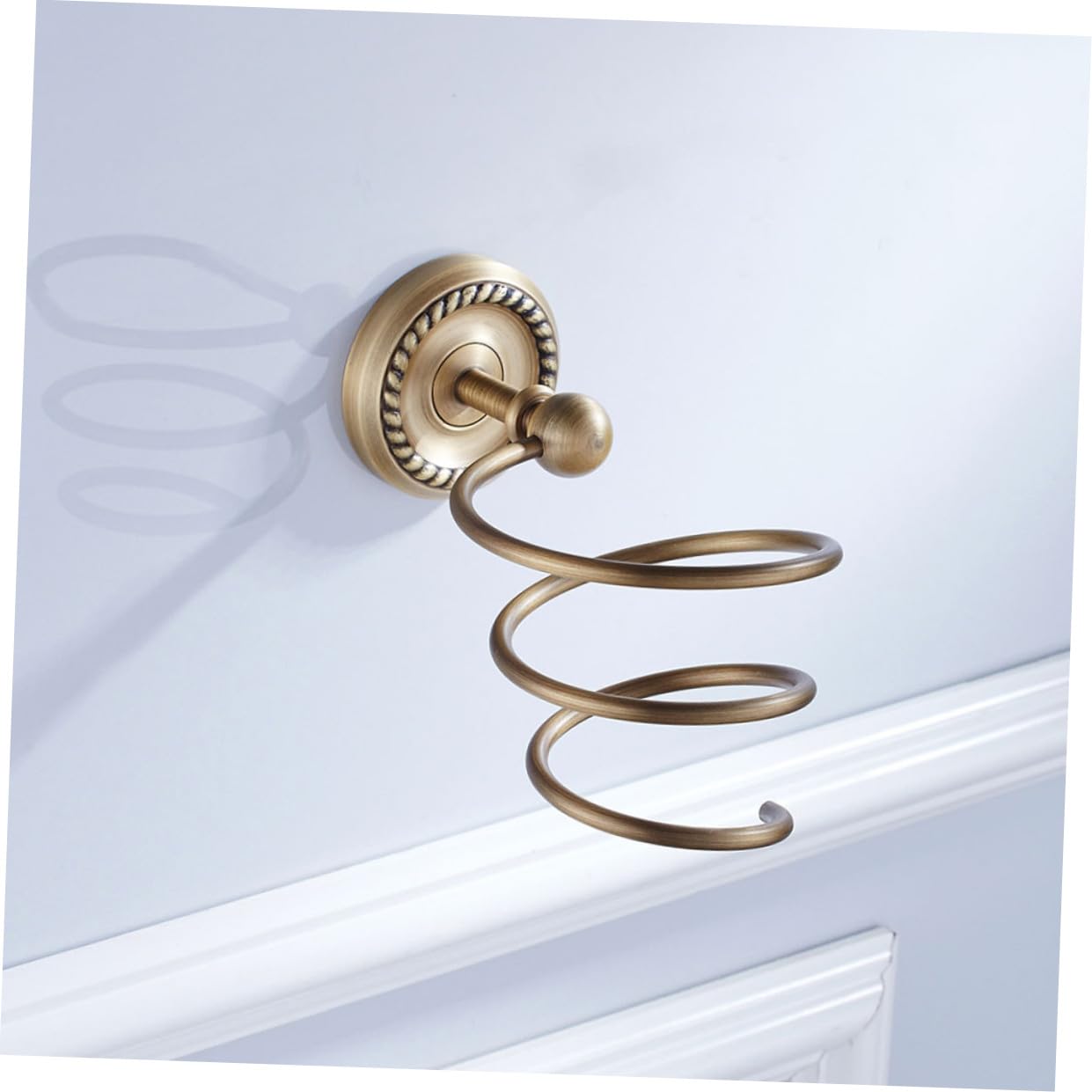 Porta Asciugacapelli da Muro in Ottone Stile Europeo Anticato | Base Rotonda, Spirale Decorativa, Finitura Oro, Adatto a Bagno e Camera da Letto