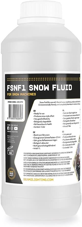 beamz 160.578 Snow Machine Fluid 1L, High-Performance Effect Liquid Refill, Water-Based Foam Solution, Indoor & Outdoor Use, Professional Long-Lasting Snowflake Generator Fluid