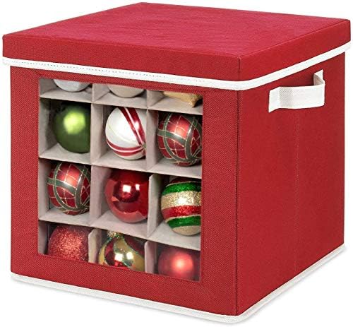 Whitmor Holiday Ornament Storage Cube with 64 Individual Compartments - Durable Non-Woven Polypropylene Fabric - Clear Front Window - Removable Top and Convenient Handle – Xmas Ornaments Organizer
