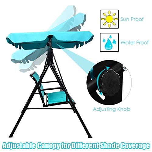 Image of TANGKULA 3 Person Patio Swing, Steel Frame with Polyester Angle Adjustable Canopy, All Weather Resistant Swing Bench, Suitable for Patio, Garden, Poolside, Balcony (Turquoise)