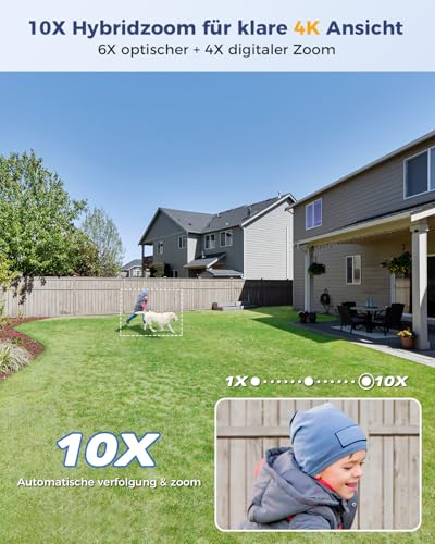 Ctronics [10X Hybrid Zoom 4K &Uuml;berwachungskamera Aussen Dual-Lens, Metal WLAN Kamera 2,4/5GHz, Auto Track&Zoom, Personen/Fahrzeug/Tiererkennung, FTP&NVR, 256GB TF/Cloud/PC, Farbnachtsicht, IP66