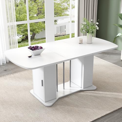 Merax Ausziehbarer Esstisch, Esstisch oval mit Stauraum Automatischer Platzsparender multifunktionaler Teleskoptisch, 2 Türen, 4 Fächer, versilberte Beine, Weiß,120/160 x 80 cm